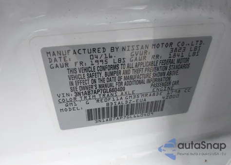 2016 Nissan Sentra Sv из США, поврежденный, VIN 3N1AB7AP7GL660409